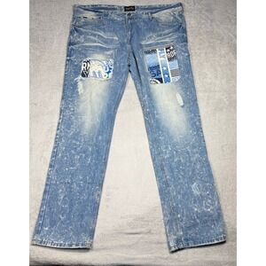 Born Fly Jeans Mens 44 Blue‎ Acid Wash Graphic Patch Distressed Streetwear Denim